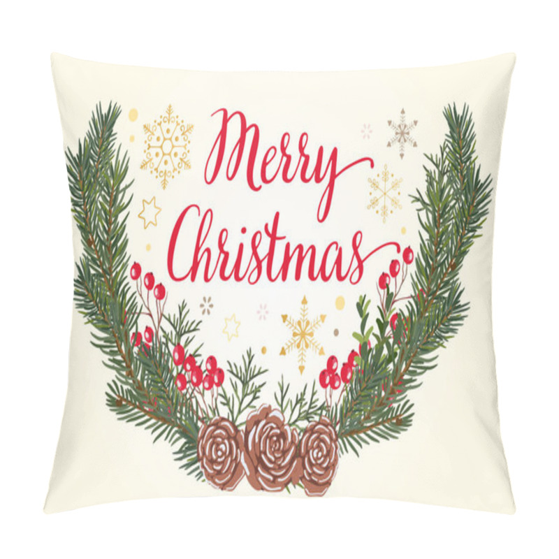 Personality  Christmas Wreath. Fir Branches, Red Berries And Cones Vector Illustration. Hand Drawn Botany Elements. Pillow Covers