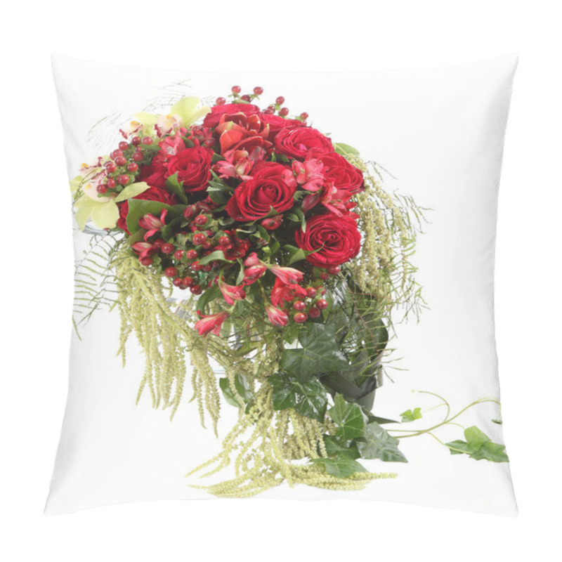 Personality  Flower Arrangement With Red Roses And Decorative Hypericum. Floral Composition. Isolated Image On White Background Pillow Covers