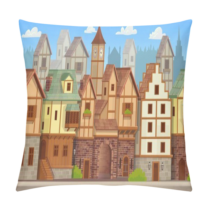 Personality  Seamless Pattern Of Medieval Town. Old City Street With Chalet Style Houses. Vector Illustration In Cartoon Style. Pillow Covers