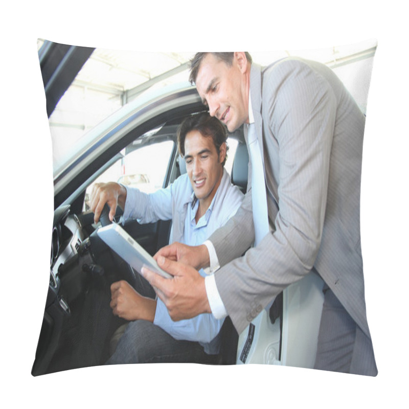 Personality  Car Seller With Car Buyer Looking At Electronic Tablet Pillow Covers