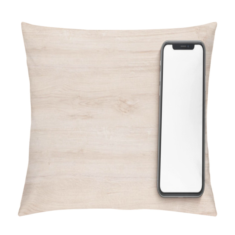 Personality  Smartphone Mockup Similar To IPhone X Flat Lay Top View Lying On Wooden Office Desk Banner With Copy Space Pillow Covers