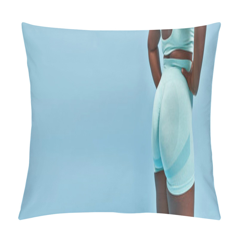 Personality  Plus Size African American Woman In Stylish Active Wear Looking Back And Posing On Blue, Banner Pillow Covers