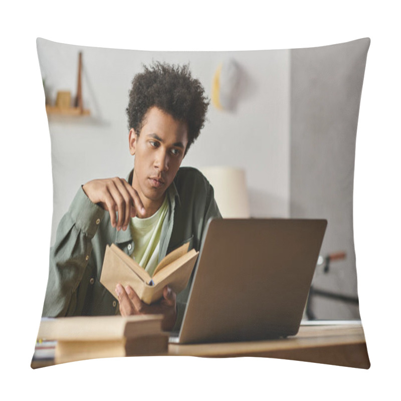 Personality  Young Man Engrossed In A Book, Studying At A Table With A Laptop. Pillow Covers