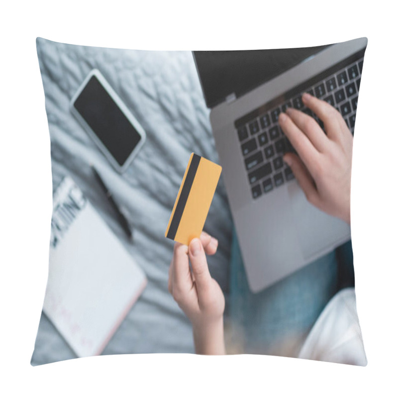 Personality  Partial View Of Woman With Credit Card Using Laptop Near Blurred Notebook And Smartphone Pillow Covers