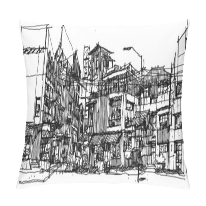 Personality  Sketch House Hand Drawn  With Buildings Architectural Sketch Of A House Illustration Pillow Covers