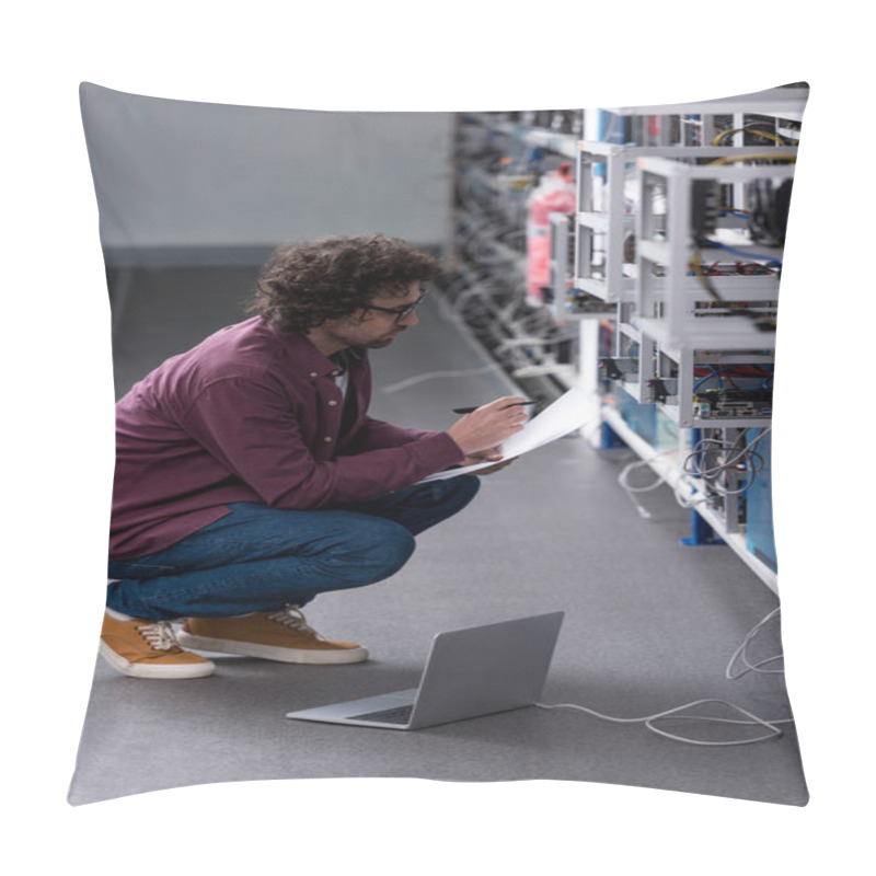 Personality  Serious Computer Engineer Working While Sitting On Floor At Cryptocurrency Mining Farm Pillow Covers