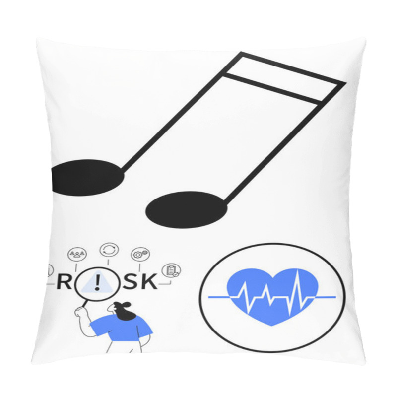 Personality  Large Musical Note, Clear Risk Analysis Visuals With Magnifying Glass, Blue Heart And EKG Pulse. Ideal For Health Awareness, Decision-making, Creativity, Data Analysis, Healthcare, Strategy Abstract Pillow Covers