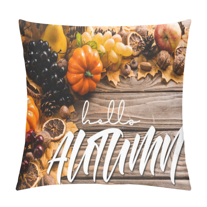 Personality  Autumnal Harvest In Basket On Foliage Near Hello Autumn Lettering On Wooden Background Pillow Covers