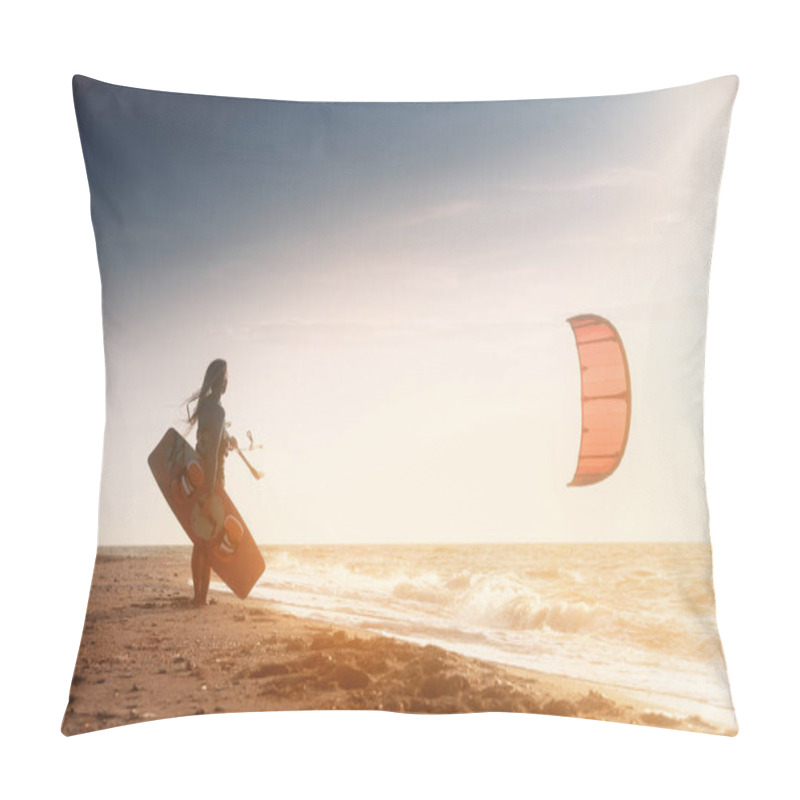 Personality  Kiteboarding. Kitesurfing Athlete Woman At Sunset Stands On The Sandy Shore Holding Her Kite In The Air And Looks At The Sea With Waves And Sunset Pillow Covers