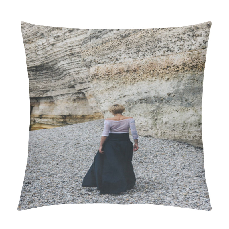 Personality  Rear View Of Elegant Girl Walking On Shore Near Cliff, Etretat, Normandy, France Pillow Covers