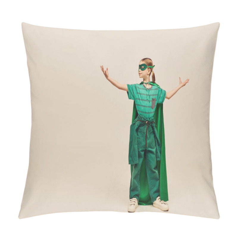 Personality  Powerful Girl In Superhero Costume With Green Cloak And Mask On Face Standing With Outstretched Hands While Showing Strength And Celebrating International Children's Day On Grey Background  Pillow Covers