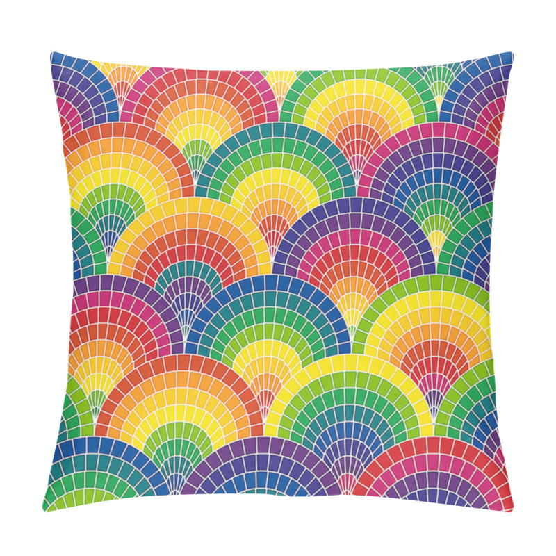 Personality  Multicolored Abstract Geometric Motif With Concentric Green, Yellow, Red, And Blue Circles On White Background. Mosaic Style. Traditional Japanese Design With Arched Lines. Seamless Vector Pattern. Pillow Covers