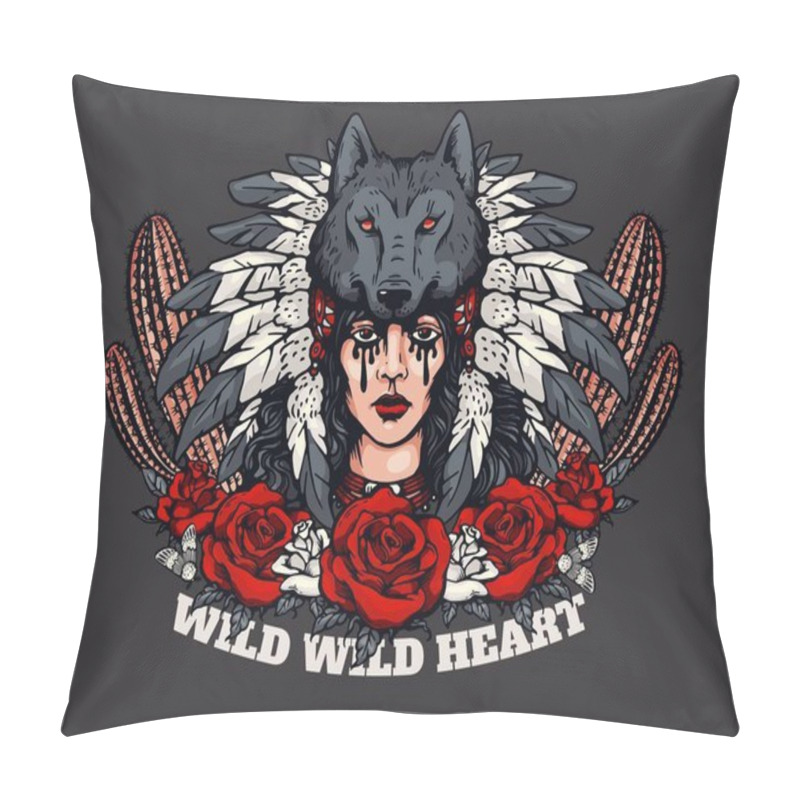 Personality  Wild Heart American Gothic Vector Poster Design. Wild West Style. Pretty Cowgirl In Headdress Decorated Wolf Head And Feathers, Moth, Roses And Cactus. Vintage Western Grunge Background With Lettering Pillow Covers