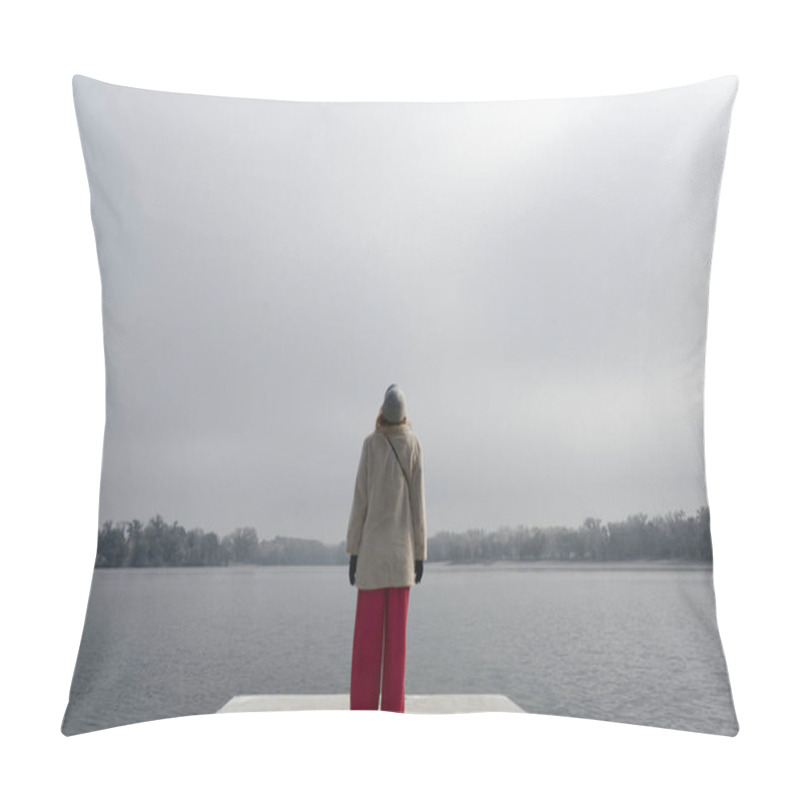 Personality  A Person Stands On A Concrete Platform, Overlooking A Calm Lake Under A Cloudy Sky. Pillow Covers