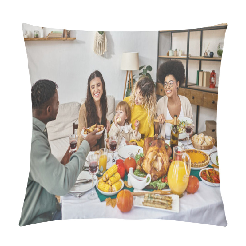 Personality  Joyful Multiethnic Friends Or Family Members Sharing Meal While Celebrating Thanksgiving Together Pillow Covers