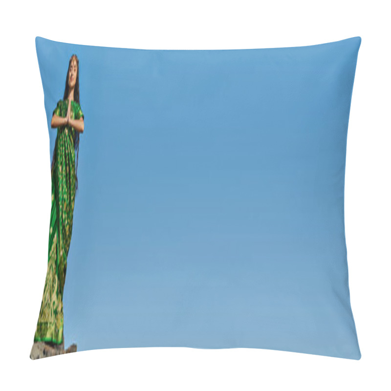 Personality  Young And Stylish Indian Woman Meditating On Stone With Blue Sky On Background, Banner Pillow Covers