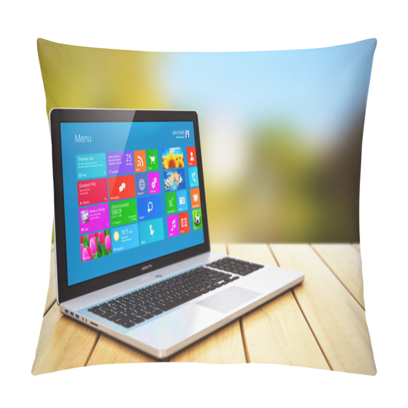 Personality  Laptop On Wooden Table Outdoors Pillow Covers