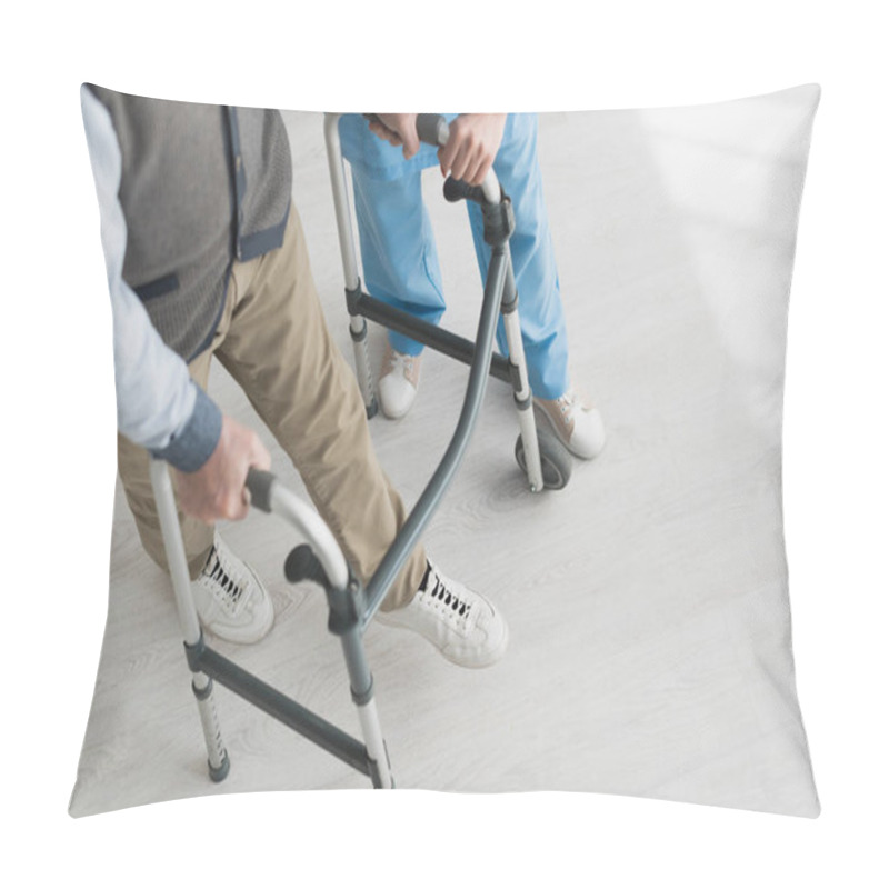 Personality  High Angle View Of Retired Man Walking With Doctor, Recovering After Injury Pillow Covers