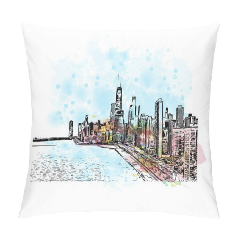 Personality  Print Building View With Landmark Of Chicago Is A City In The U.S. State Of Illinois. Watercolour Splash With Hand Drawn Sketch Illustration In Vector. Pillow Covers