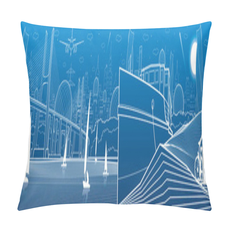 Personality  City Infrastructure Panoramic Illustration. Big Bridge Across The River. Ship Landed On Sea Shore. Sailing Yachts On The Water. White Lines On Blue Background. Vector Design Art Pillow Covers