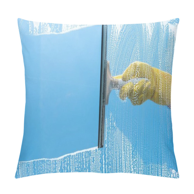 Personality  Hand In Yellow Rubber Glove Cleaning Window On A Blue Sky  Pillow Covers