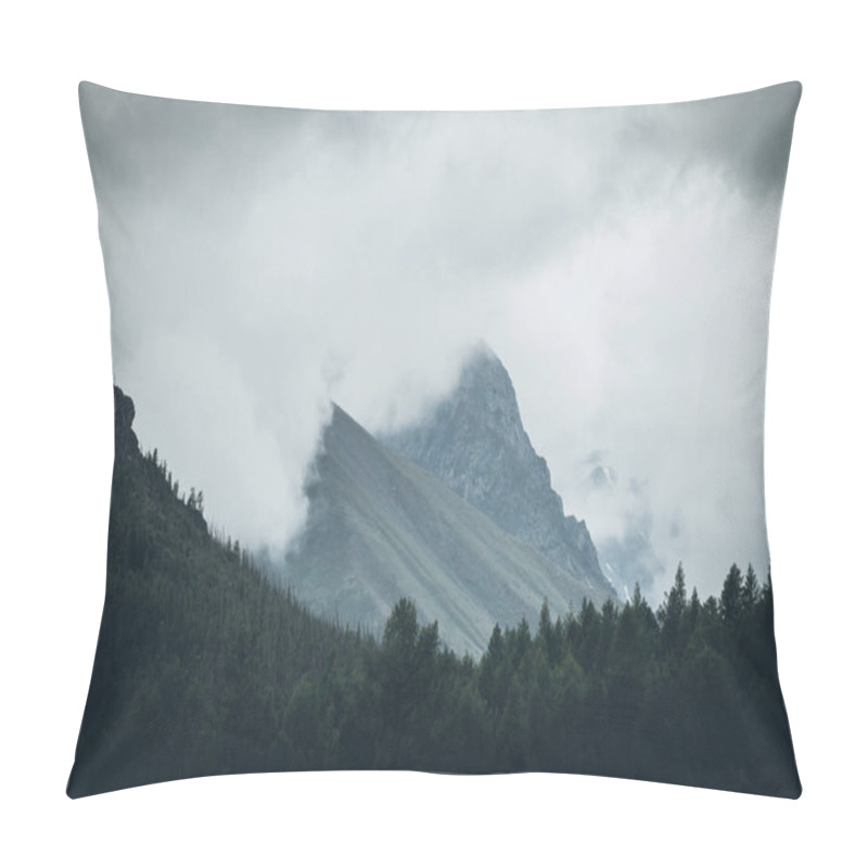 Personality  Dark Atmospheric Landscape With High Rocky Mountain Top Among Big Low Clouds. Dark Forest Silhouette On Background Of Rock In Gray Cloudy Sky. Gloomy View To Dark Mountain Peak In Overcast Weather. Pillow Covers