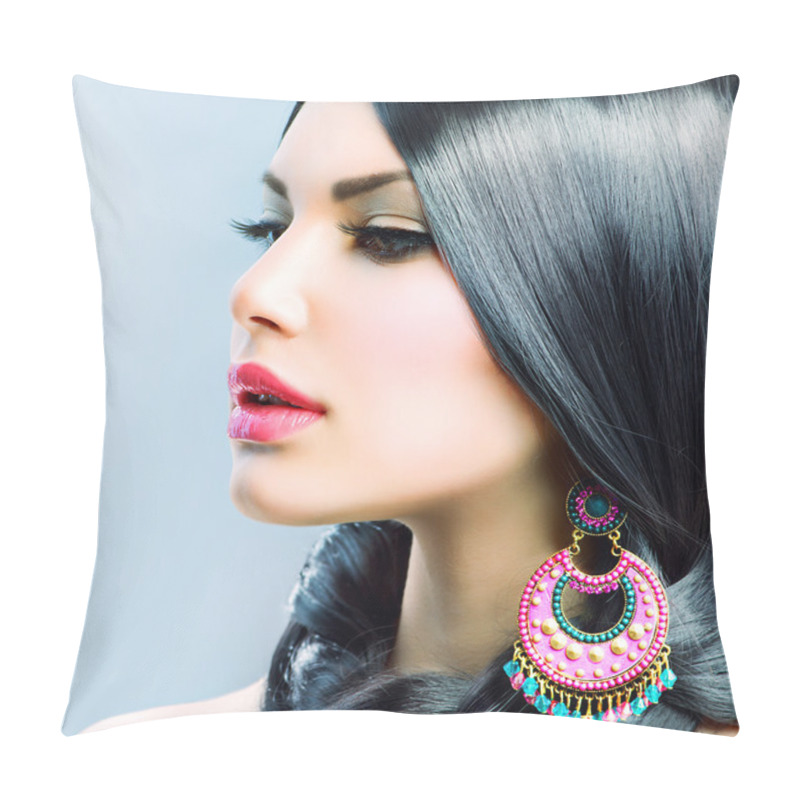 Personality  Beauty Woman With Long Black Hair. Hairstyle Pillow Covers