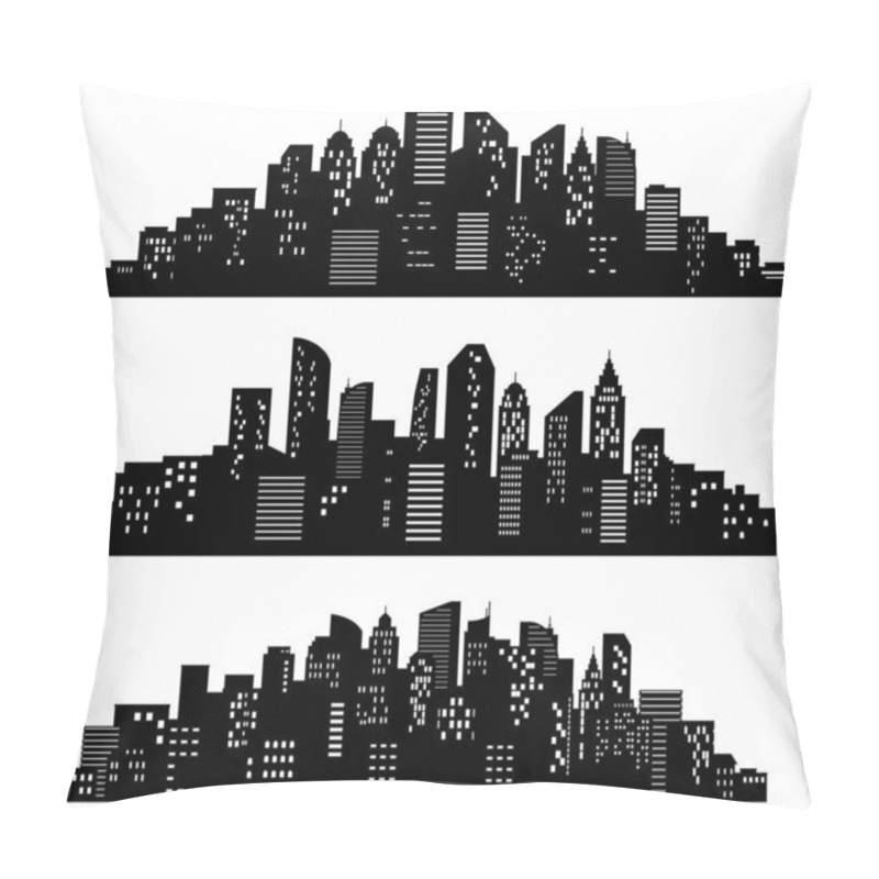 Personality  Cityscape Silhouette. City Buildings, Night Town And Horizontal Urban Panorama Silhouettes Vector Set Pillow Covers