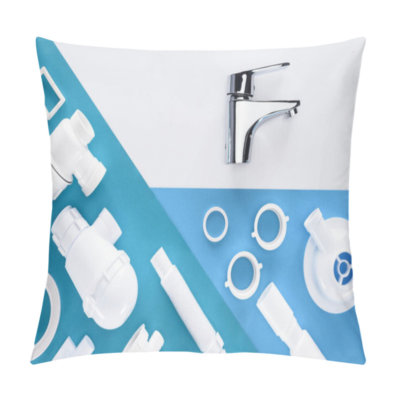 Personality  Top View Of Plastic Plumbing Pieces And Water Mixer Isolated On White Pillow Covers