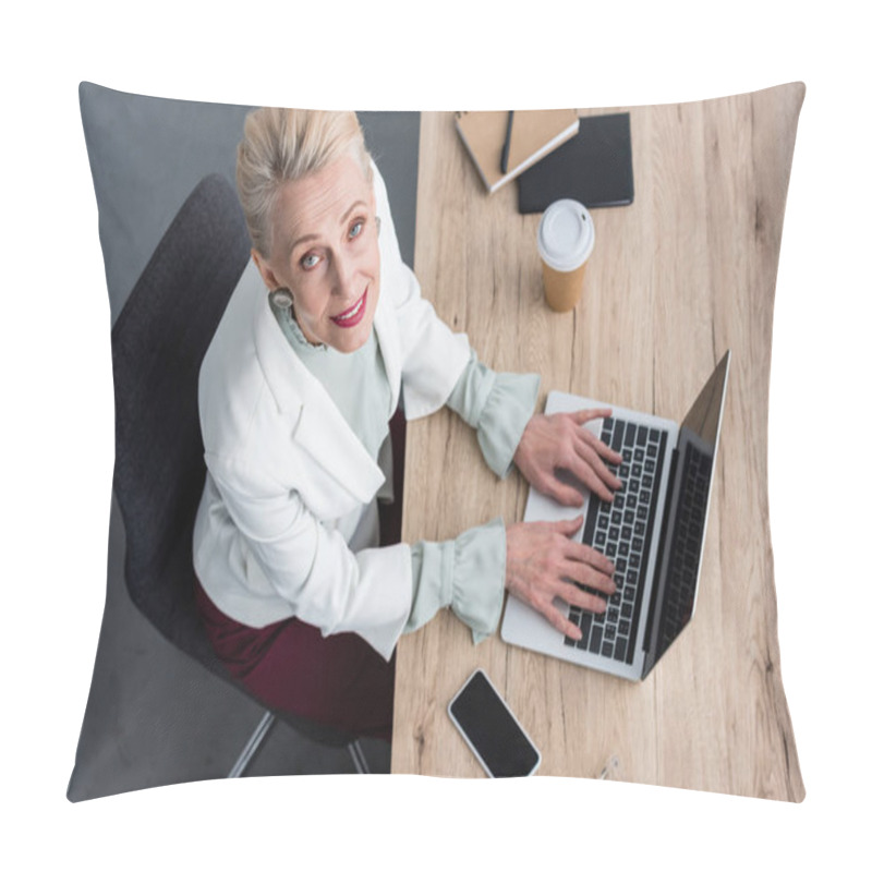 Personality  Overhead View Of Elegant Business Woman Working With Laptop In Modern Office Pillow Covers