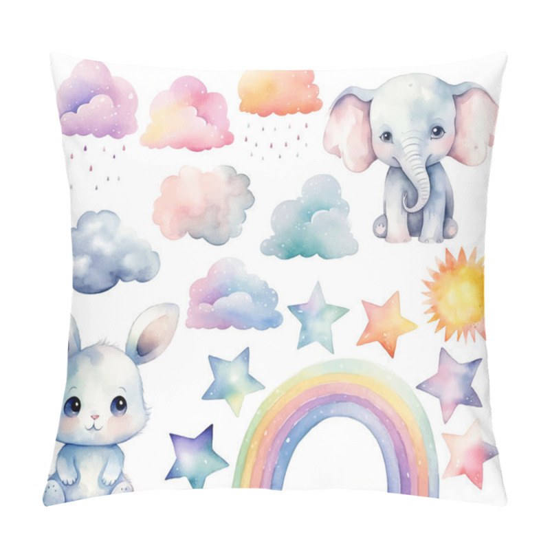 Personality  Watercolor Baby Elephant, Bunny. Set Of Vector Hand Drawn Nursery Elements, Clouds, Rainbow, Stars, Wall Stickers. Pastel Colors Pillow Covers