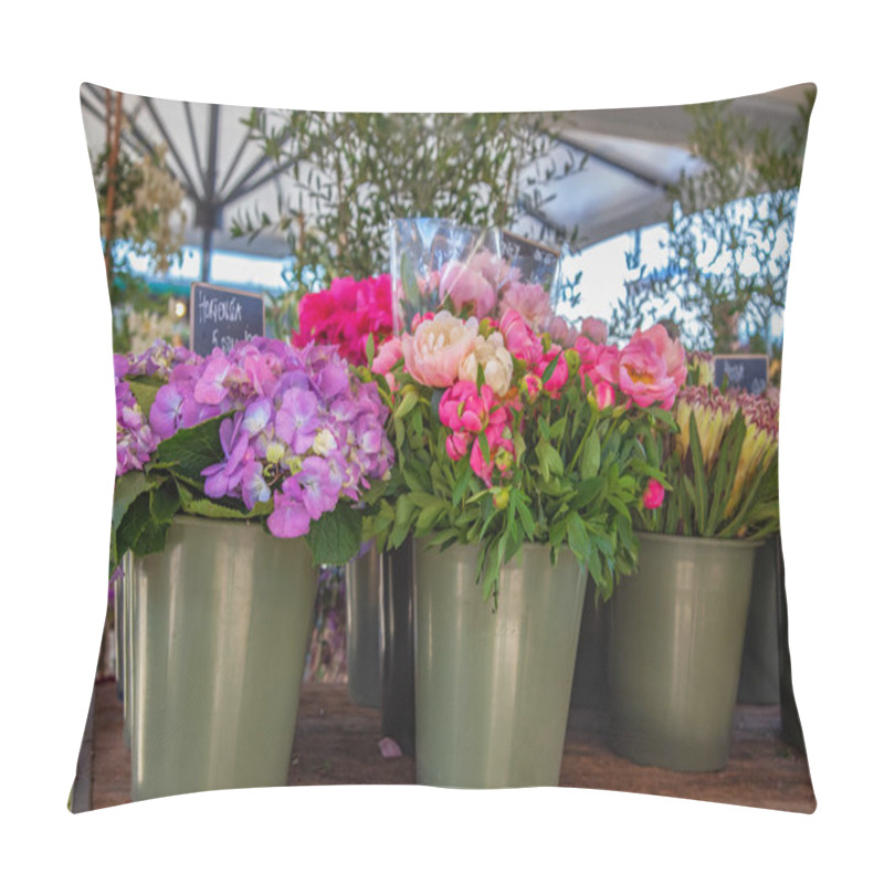 Personality  Close Up View Of Buckets With Hortensia And Peonies On Market Place Pillow Covers