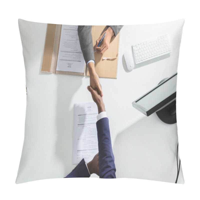 Personality  High Angle View Of Businessperson Shaking Hand With Candidate Over White Desk Pillow Covers