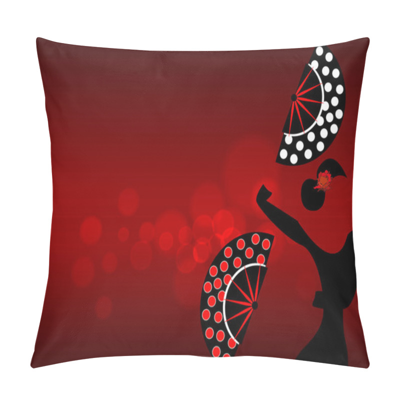 Personality  Flamenco Dancer, Sexy Silhouette Beautiful Spanish Woman With Folding Fans Polka Dots Decoration In Spectacular Pose, Vector Illustration Red Blurred Background Pillow Covers