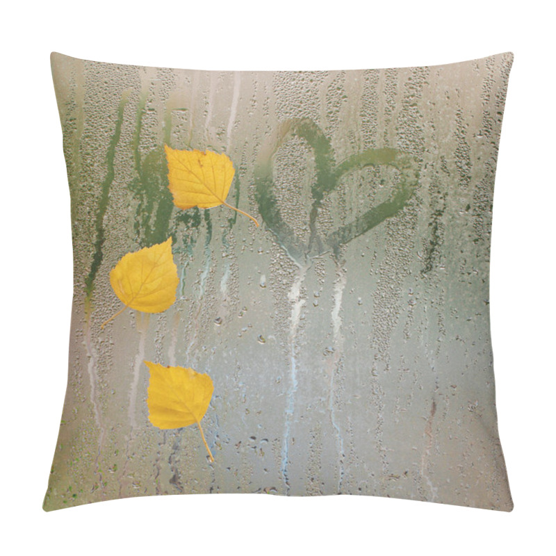 Personality  Three Yellow Autumn Leaves With Heart On Window After Rain. Concept Autumn Mood Pillow Covers