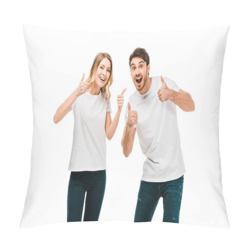 Personality  Happy Young Couple Showing Thumbs Up And Smiling At Camera Isolated On White Pillow Covers