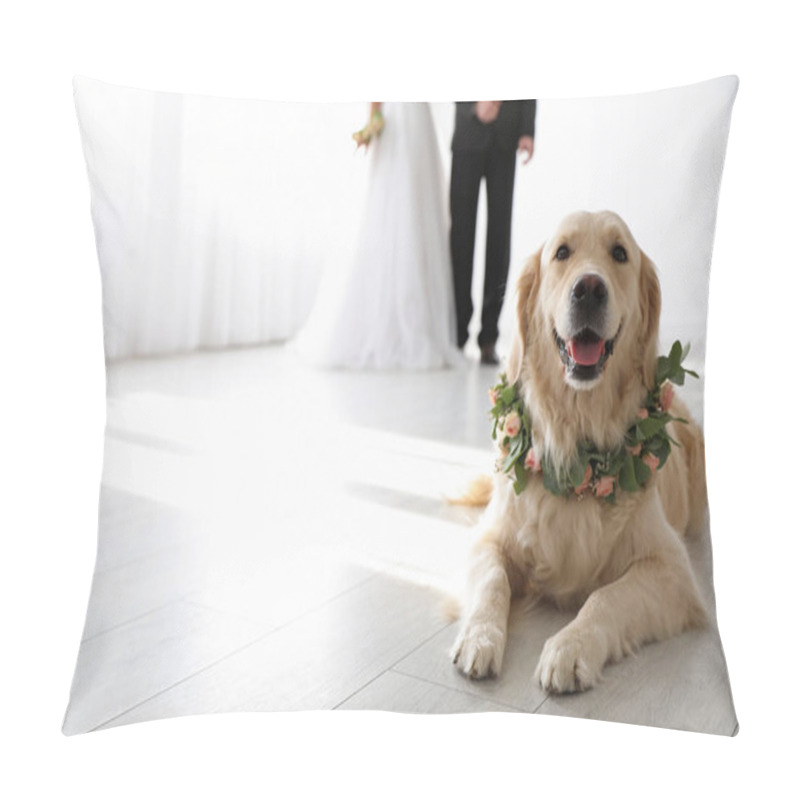 Personality  Adorable Golden Retriever Wearing Wreath Made Of Beautiful Flowers On Wedding. Space For Text Pillow Covers