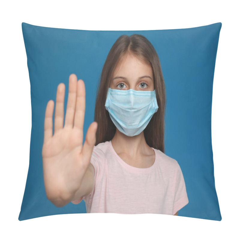 Personality  Little Girl In Protective Mask Showing Stop Gesture On Blue Background. Prevent Spreading Of Coronavirus Pillow Covers