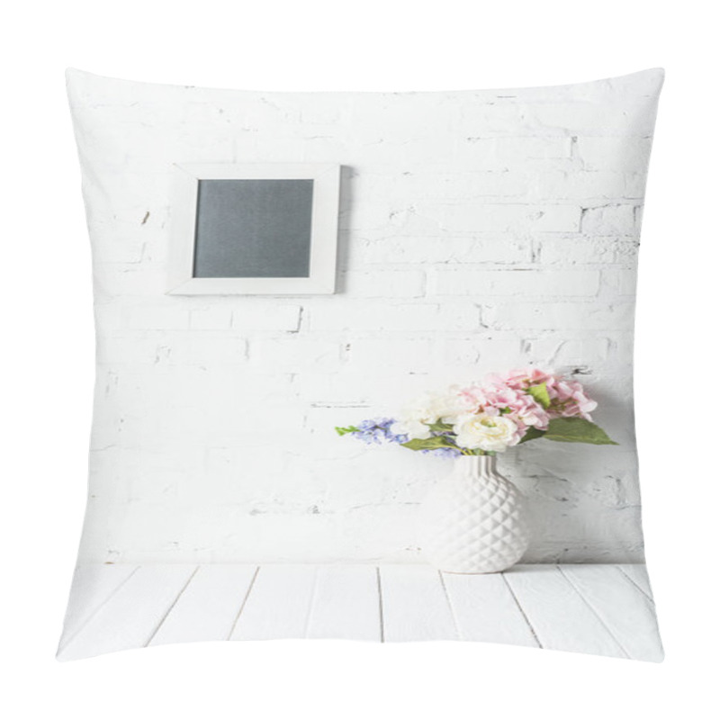 Personality  Blank Frame On White Brick Wall With Bouquet In Ceramic Vase On Rustic Wooden Table Pillow Covers