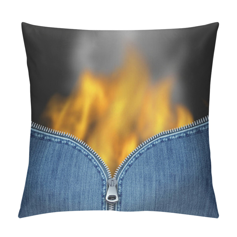 Personality  Fat Burning Concept And Diarrhea Pain Or Dieting Using Medication Or Obesity Pills And Appetite Suppressants Or Upset Stomach And Ulcer Pain As An Open Zipper On Burning Jeans With 3D Elements. Pillow Covers