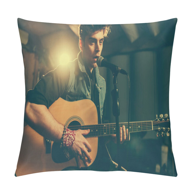 Personality  Good-looking Musician Singing In Microphone While Playing Acoustic Guitar  Pillow Covers