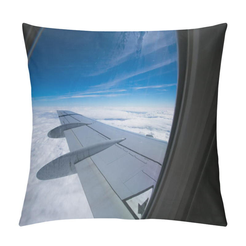 Personality  View From The Window Of The Plane Onto The Wing And Engines Of A Fokker 100 Model With A Blue Sky And White Clouds. Sunny Weather. Pillow Covers