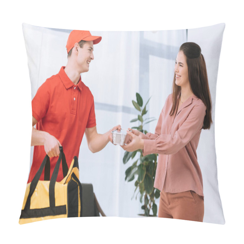 Personality  Smiling Delivery Man With Thermo Bag Giving Food Container To Attractive Girl At Home Pillow Covers