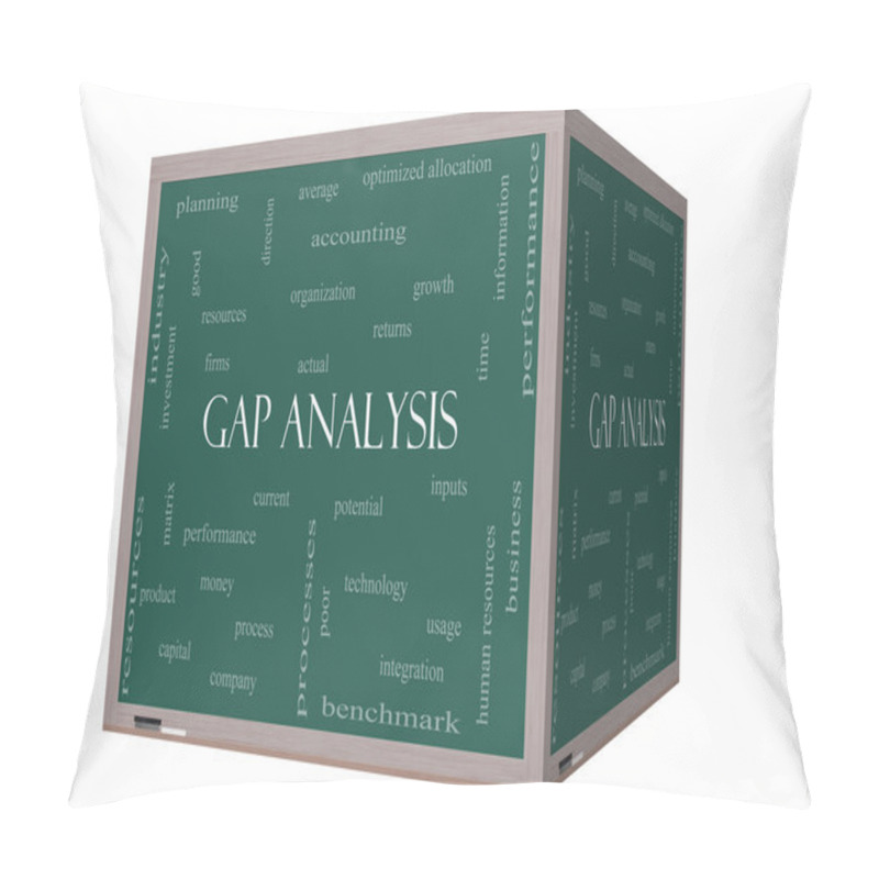 Personality  Gap Analysis Word Cloud Concept On A 3D Cube Blackboard Pillow Covers