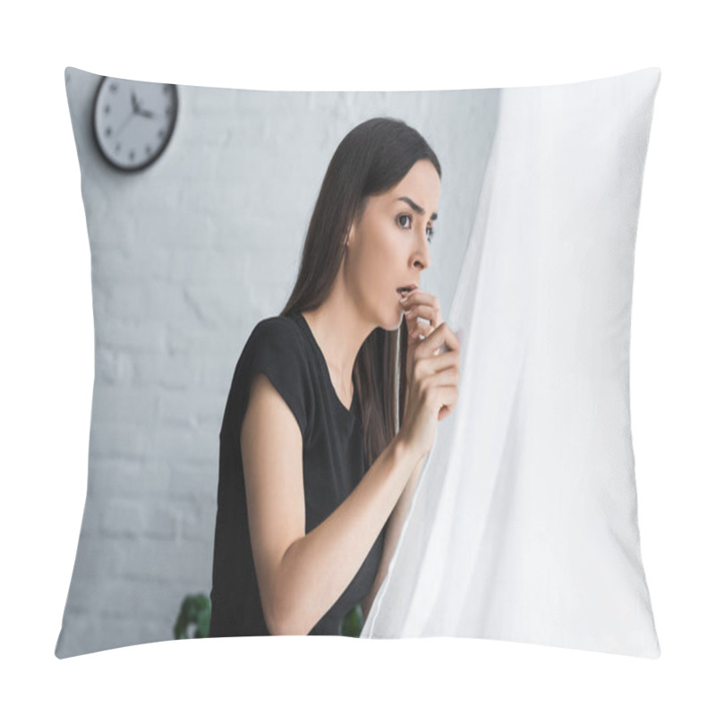 Personality  Frightened Girl Looking Out Window While Suffering From Panic Attack At Home Pillow Covers