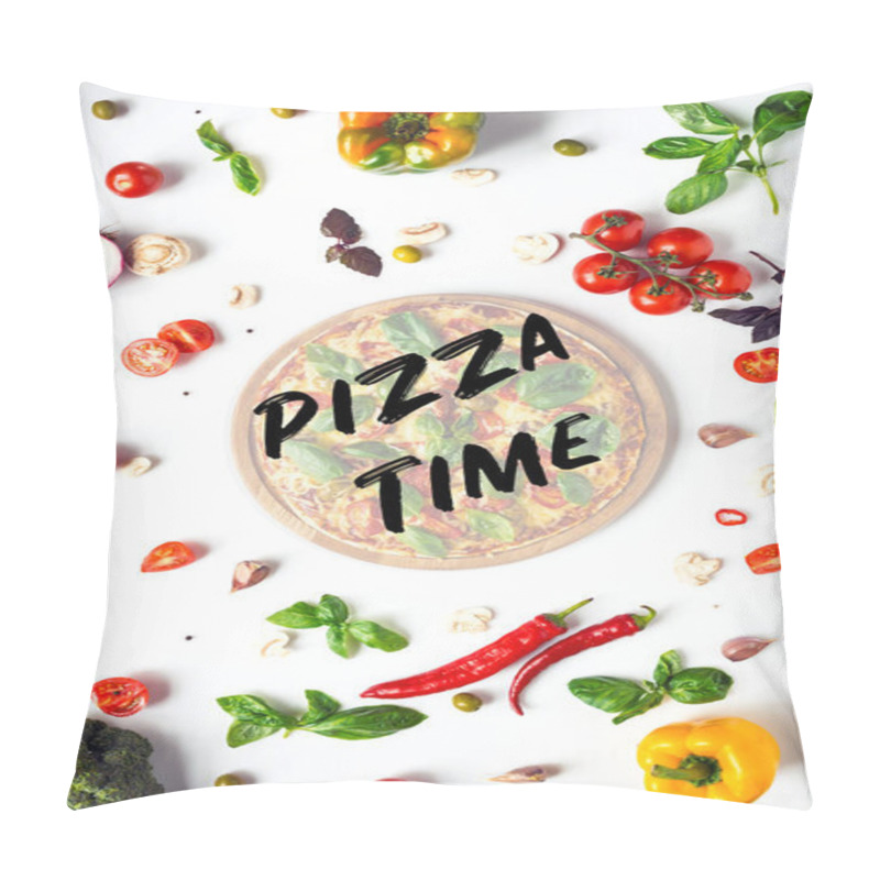 Personality  Flat Lay With Italian Pizza On Wooden Board And Various Ingredients Isolated On White, Pizza Time Inscription Pillow Covers