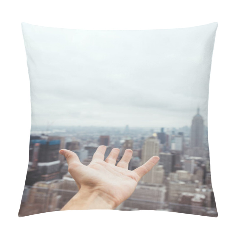 Personality  Partial View Of Male Hand And Blurry New York City View On Background Pillow Covers