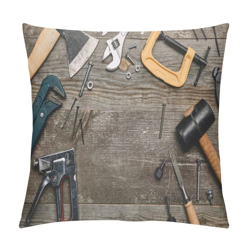 Personality  Top View Of Set Of Tools On Wooden Background Pillow Covers