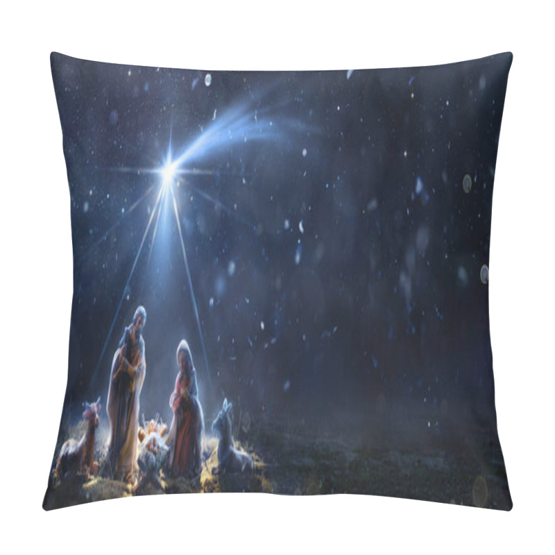 Personality  Nativity Of Jesus With Comet Star - Scene With The Holy Family In Snowy Night And Starry Sky - Abstract Defocused Background Pillow Covers