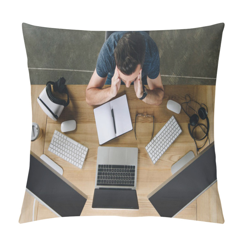 Personality  Overhead View View Of Focused Young Man Working With Laptop And Desktop Computers Pillow Covers